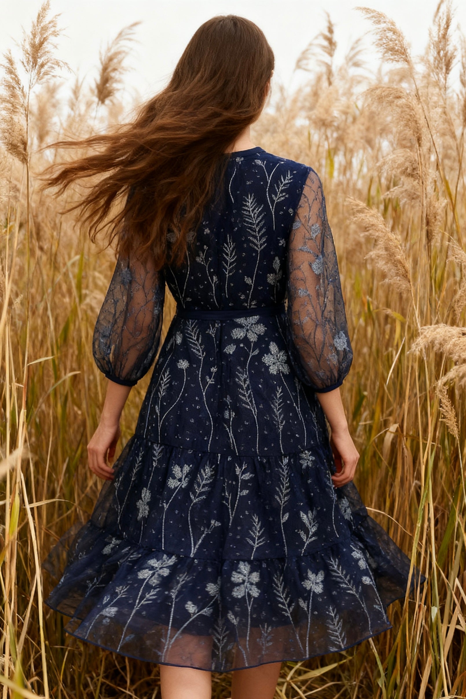 Navy Sheer Embroidered Puff-Sleeve Tiered Midi Dress-4