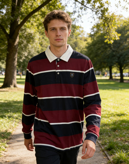 Men's Burgundy & Navy Striped Rugby Polo Shirt with Contrast Collar & Embroidered Badge
