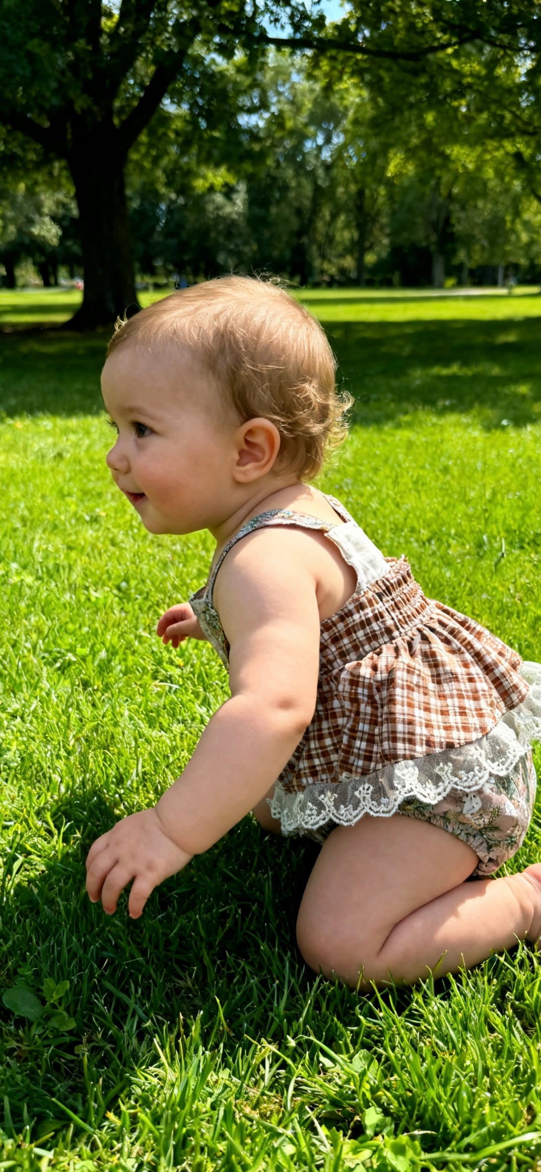 Vintage Floral & Gingham Crossover Back Ruffled Lace Baby Romper