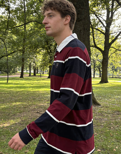 Men's Burgundy & Navy Striped Rugby Polo Shirt with Contrast Collar & Embroidered Badge
