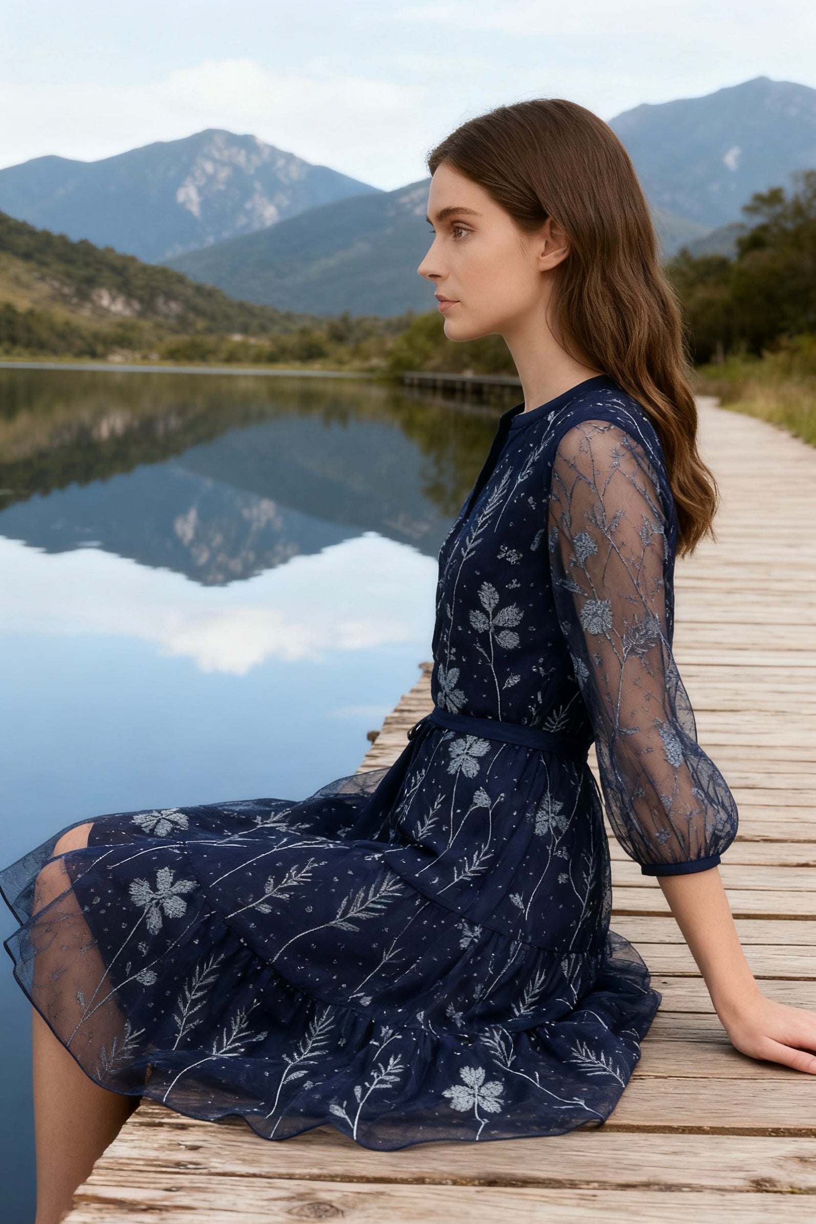 Navy Sheer Embroidered Puff-Sleeve Tiered Midi Dress-4