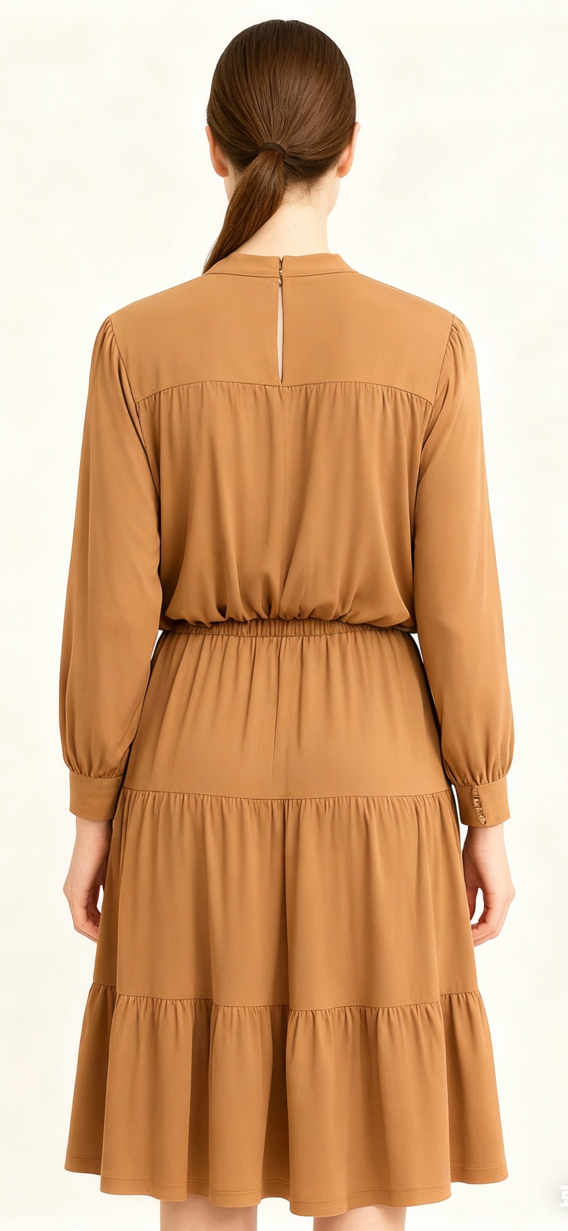 Women’s Long-Sleeve Mock Neck Tiered Camel Midi Dress-4