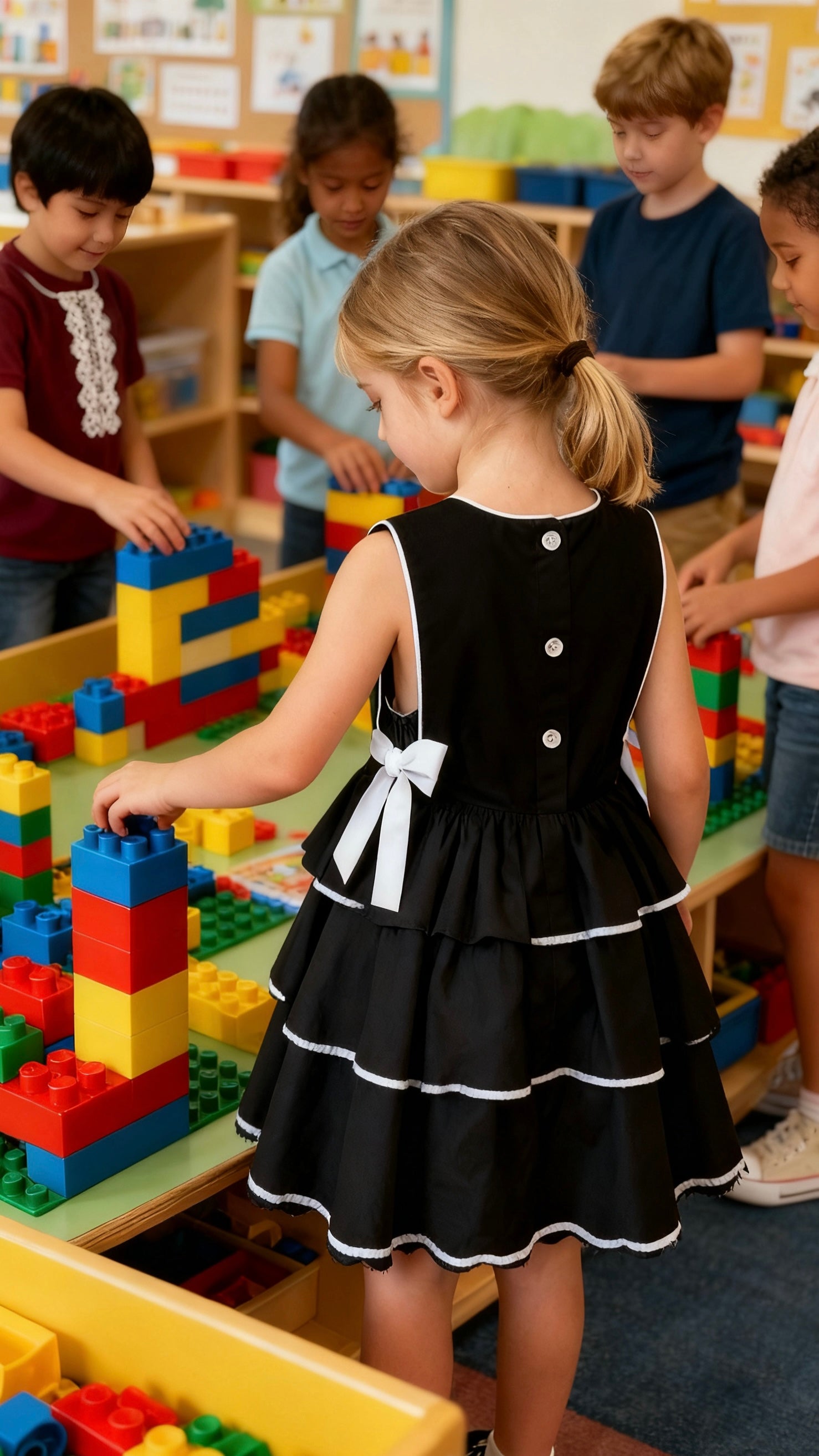 Girls’ black and white lace ruffled dress-1