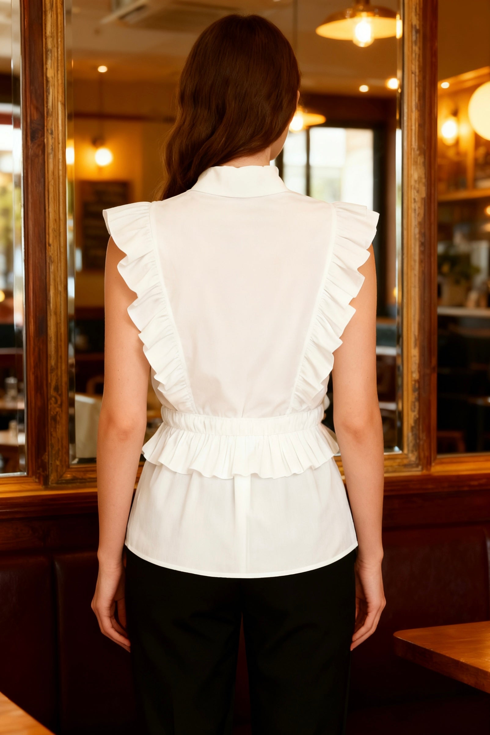 White Sleeveless Ruffled Tie-Neck Blouse-4