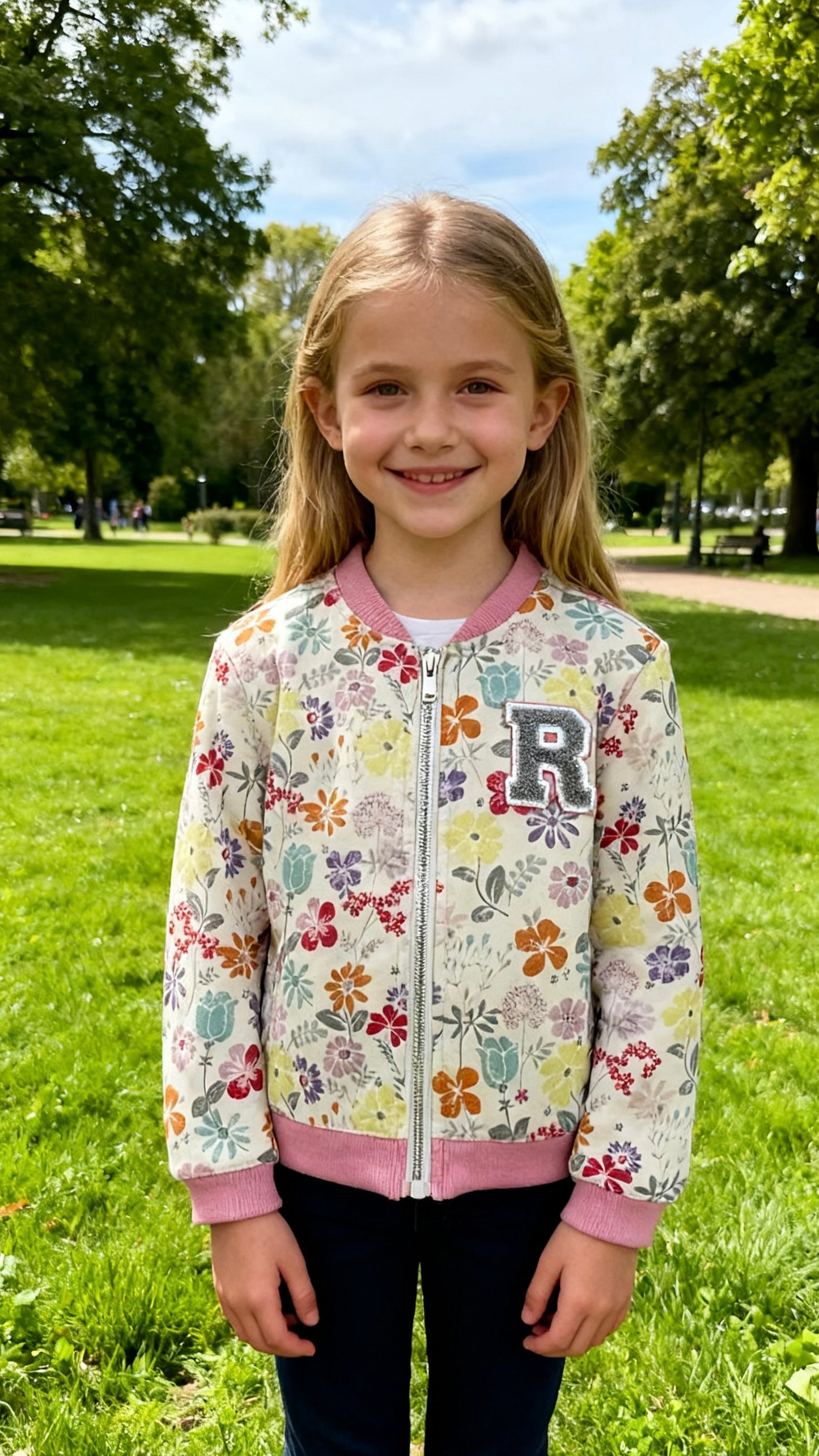 Girls' floral print pink-trimmed bomber jacket-1
