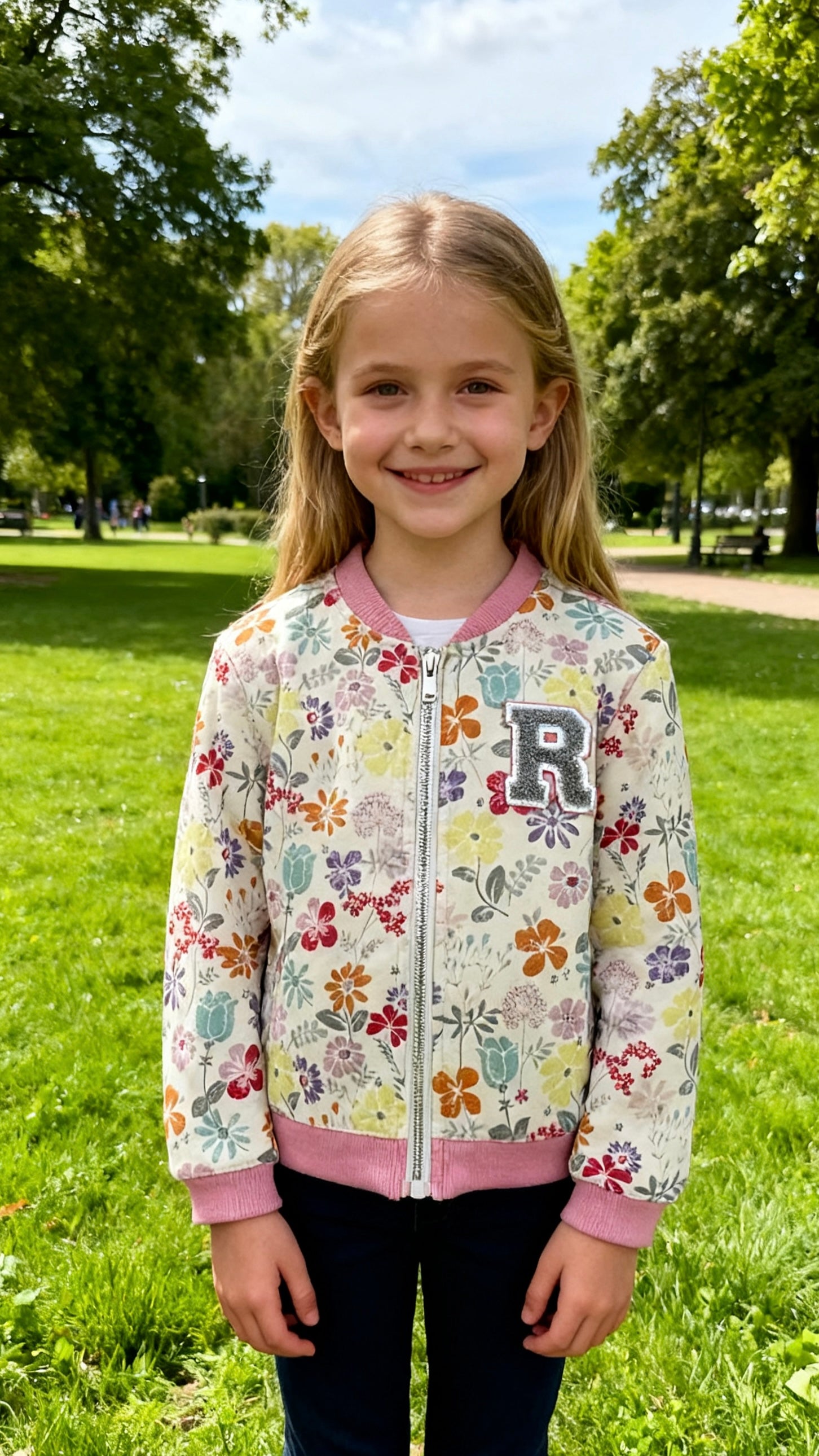 Girls' floral print pink-trimmed bomber jacket-1