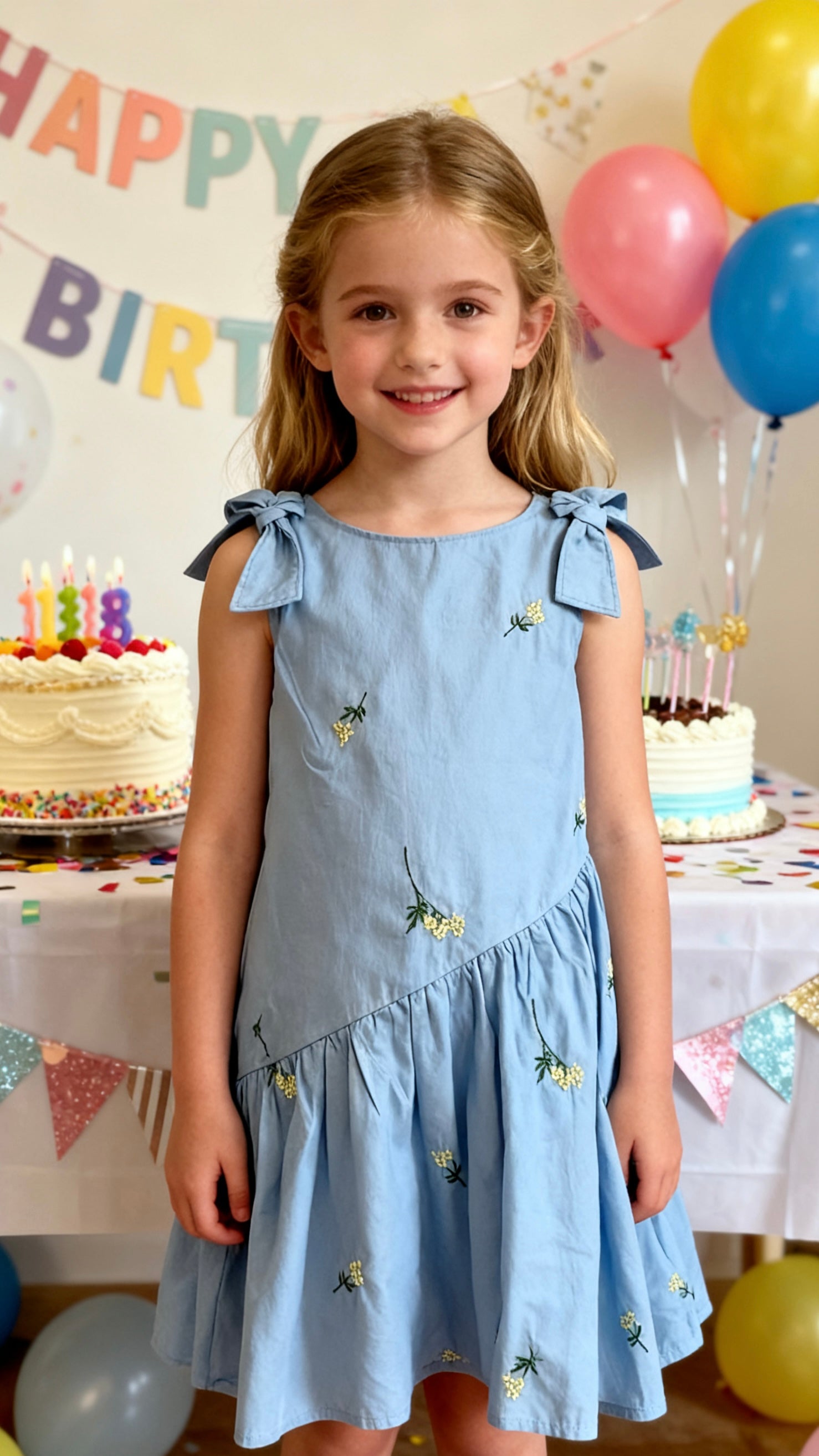 Girls' light blue sleeveless embroidered bow dress-1
